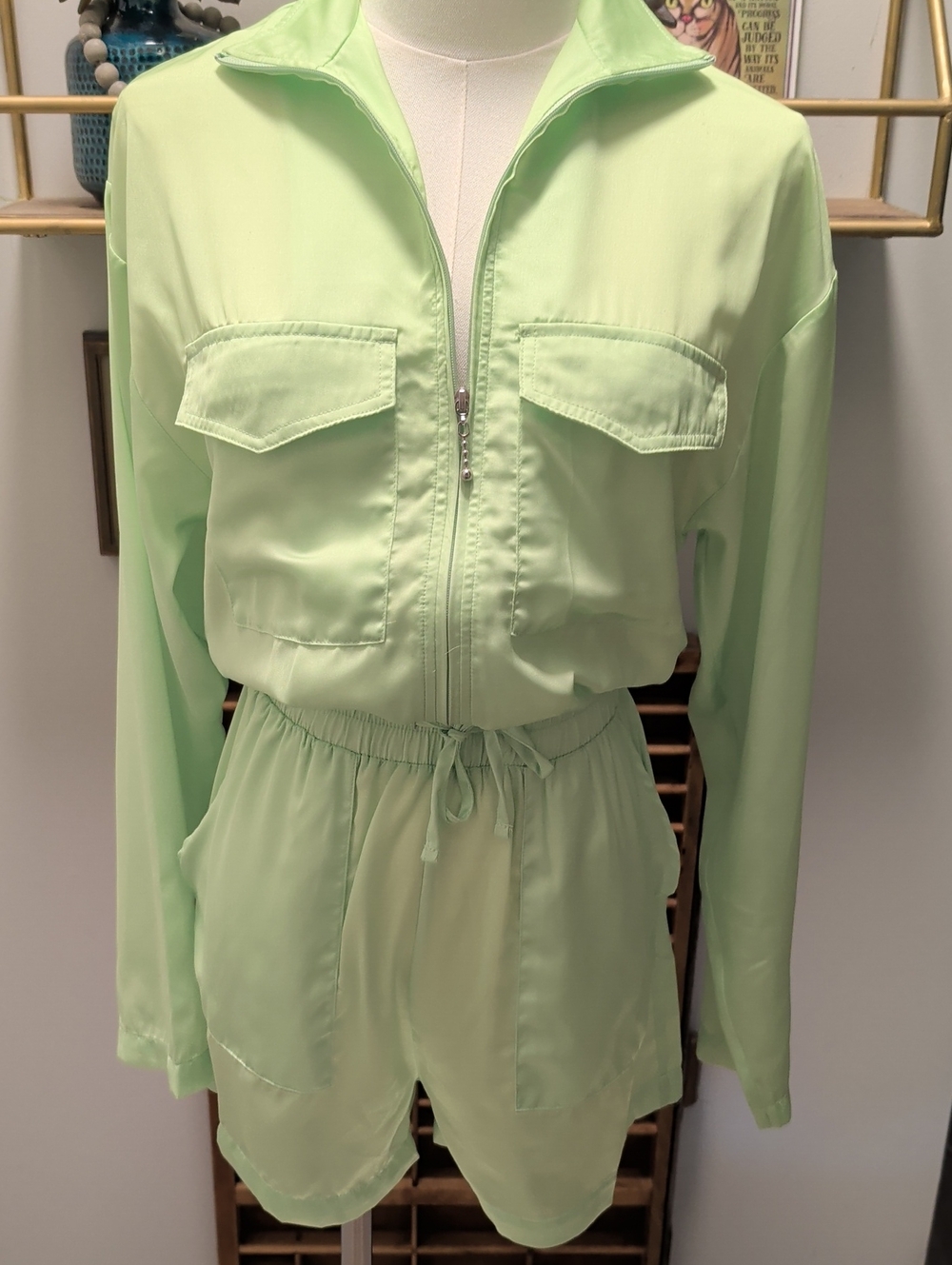 PLUSH- Size XS  Light Lime Green Utility Romper NWT